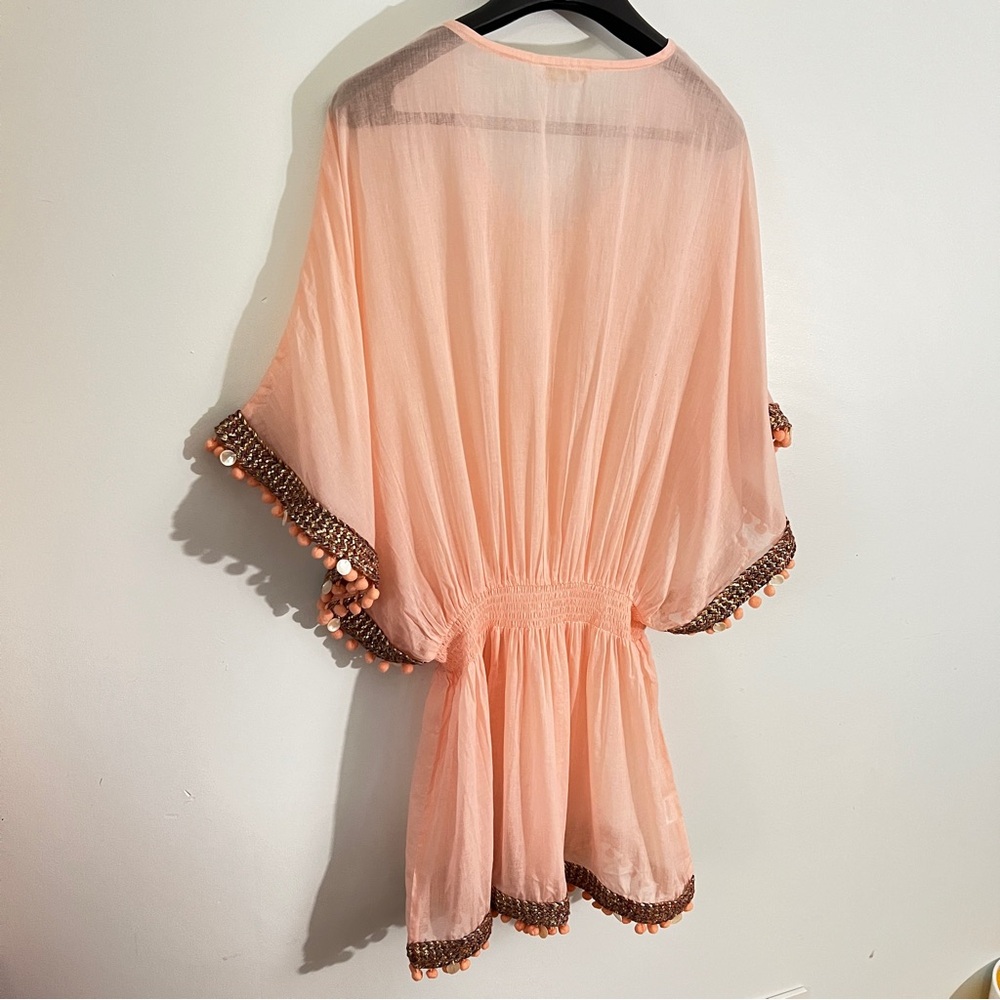 Shiraleah Pink Flutter Sleeve Pom Trim Swim Coverup One Size Boho Beach - Picture 13 of 16